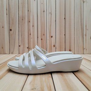 Crocs Women's Rhonda Wedge Sandals Size 11 Stucco Iridescent Strappy Slip-On